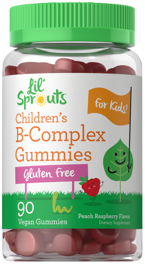 A hand holding Children's B-Complex Vegan Gummies, Peach Raspberry flavor, in a 90-count bottle. Suitable for kids and vegans.