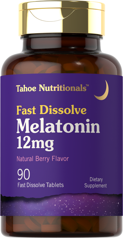 A hand holds a bulk scale with 90 fast dissolve melatonin tablets, each containing 12mg.