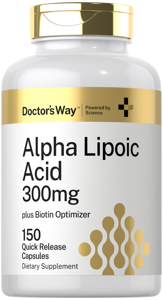 A hand holds a bulk scale of 150 capsules of Alpha Lipoic Acid 300mg in quick release form.