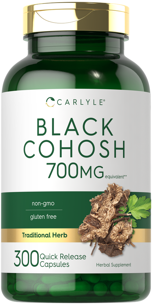 Hand holding a bulk container of 300 Quick Release Capsules, Black Cohosh Root 700MG equivalent.