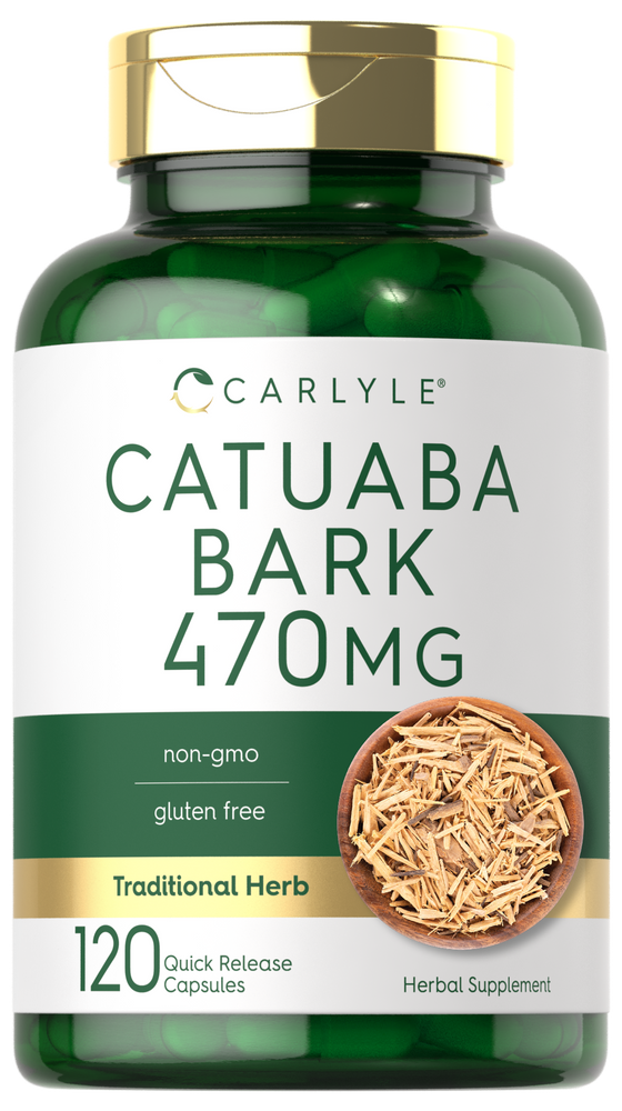 A hand holding Carlyle Catuaba Bark 470mg bottle with 120 quick release capsules, ideal for natural supplement enthusiasts.