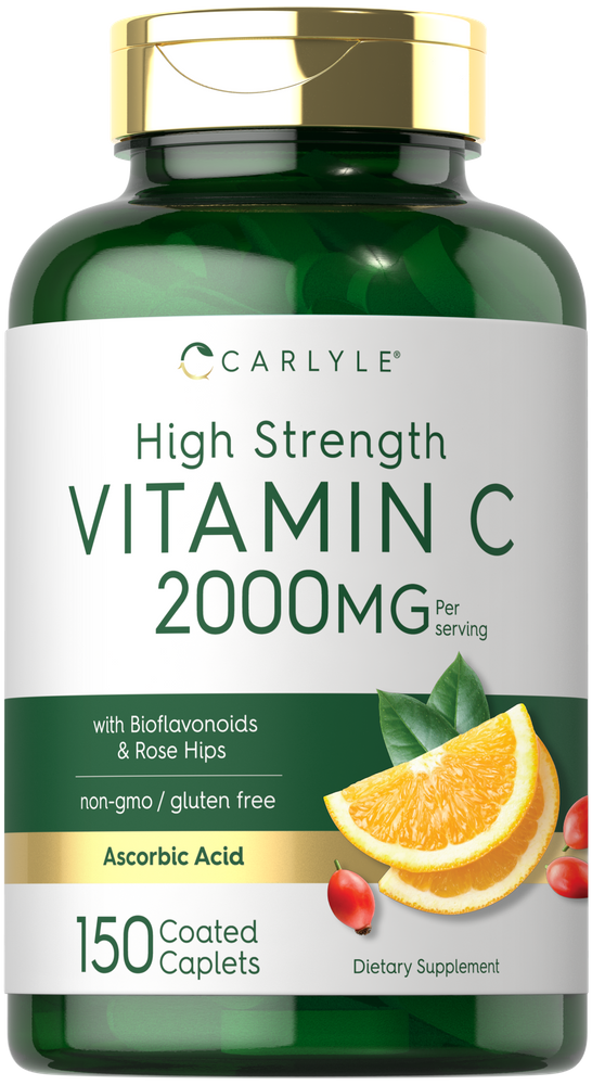 Carlyle Vitamin C 2000 mg bottle with 150 coated caplets visible next to a hand for scale.