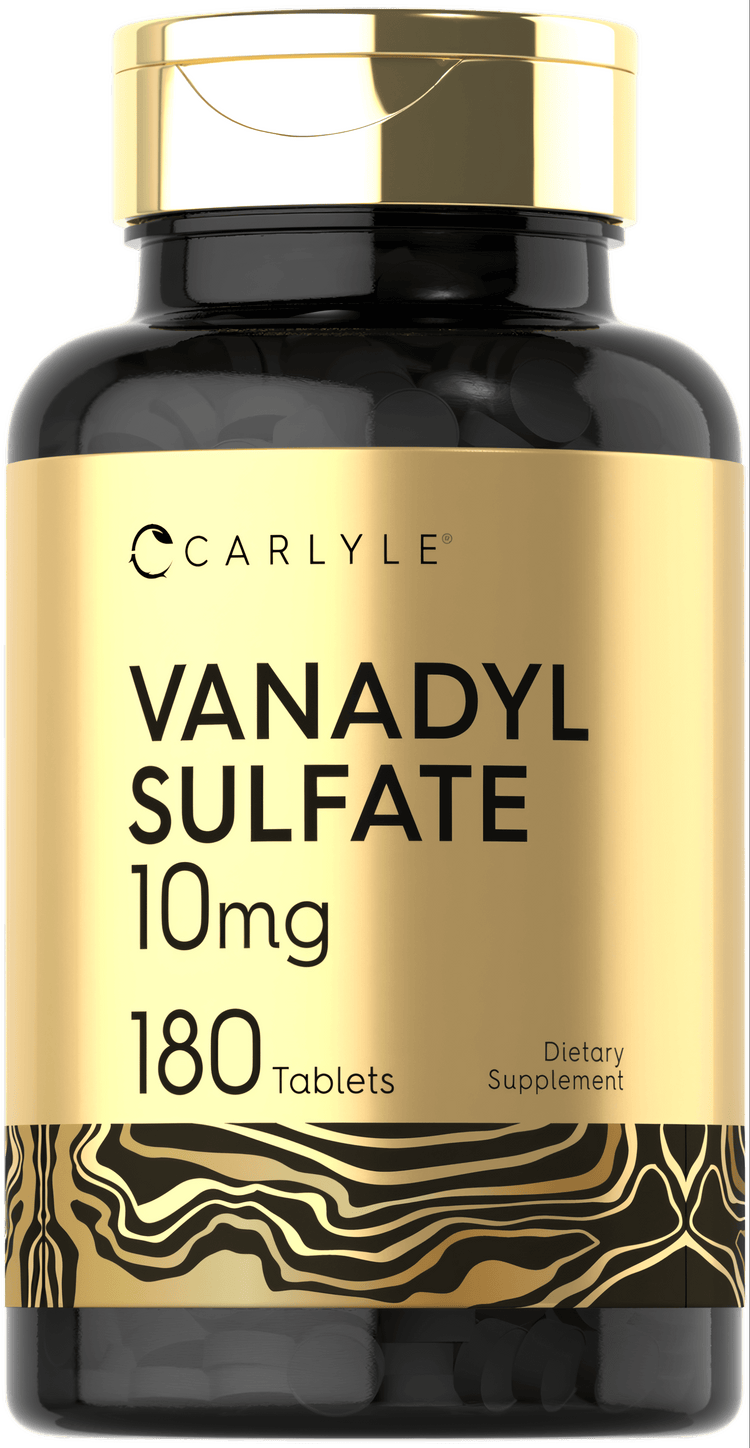 Carlyle Vanadyl Sulfate supplement, 10mg, 180 tablets displayed on a hand scale.