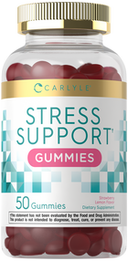 A clear jar with a gold cap containing 50 Carlyle Stress Support red gummies.