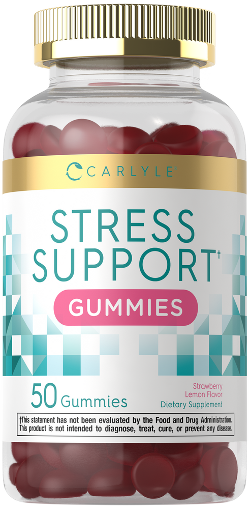 A clear jar with a gold cap containing 50 Carlyle Stress Support red gummies.