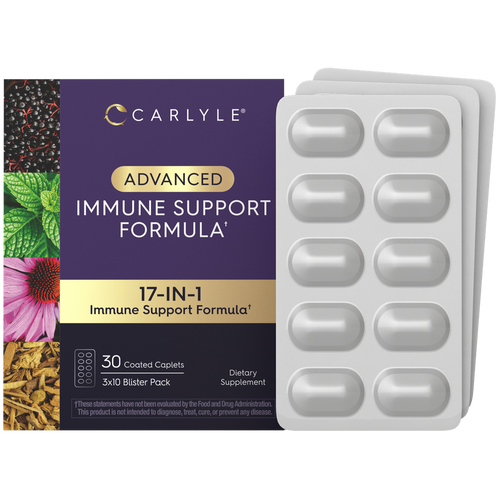 View 1 Carlyle Advanced Immune Support Formula box with three blister packs totaling 30 coated caplets.