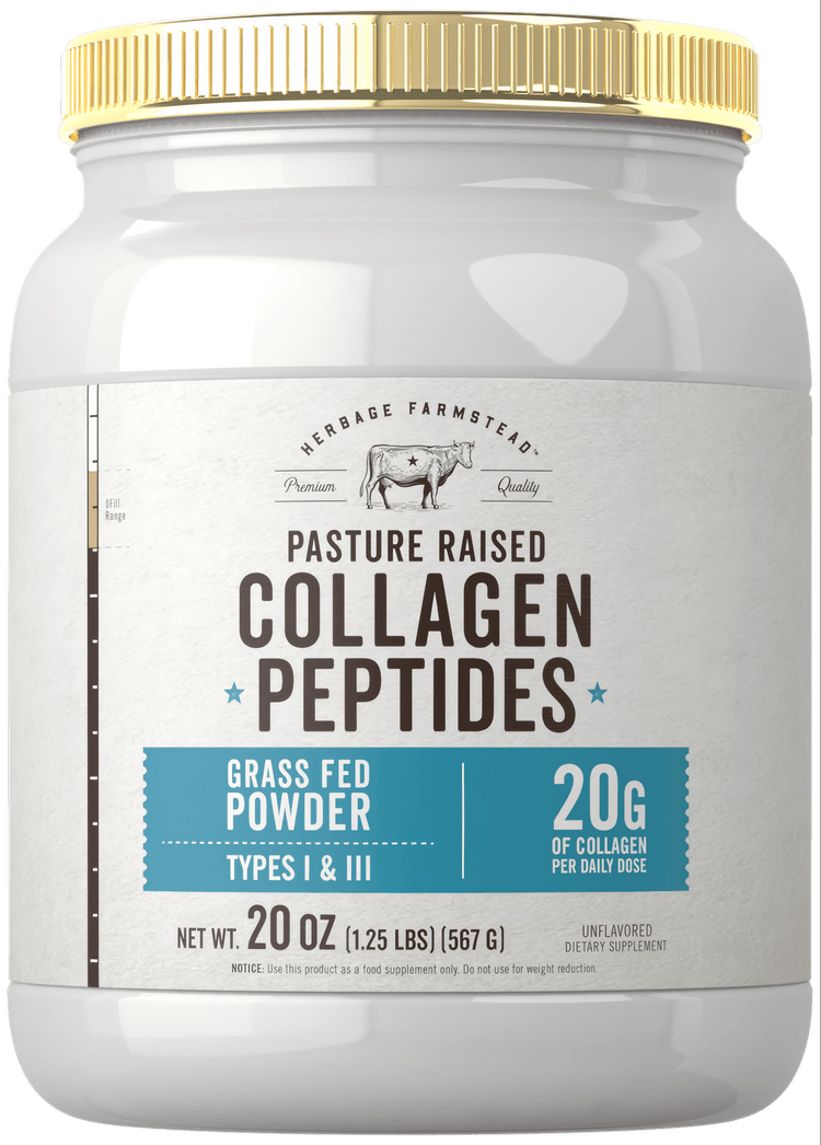 Herbage Farmstead Pasture Raised Collagen Peptides Grass Fed Powder, weighing 20 OZ (1.25 LBS) in a bulk scale image.