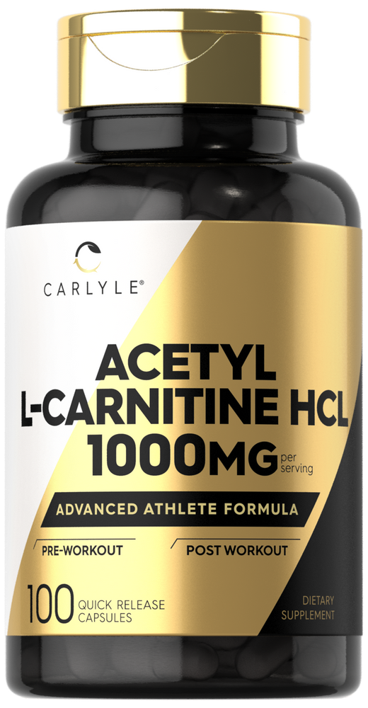 Bottle of 100 quick release capsules containing Acetyl L-Carnitine HCL, offering 1000mg per serving.
