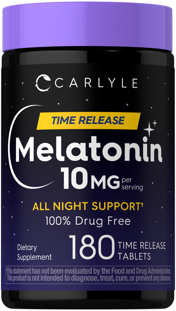 A hand holding a bottle of Carlyle Melatonin 10 mg, Time Release Tablets, 180 count, illustrating the product size.
