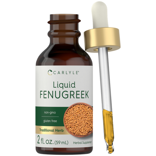 View 1 A 2 fl. oz. (59 mL) brown bottle of liquid Fenugreek with a dropper dispensing yellow liquid.