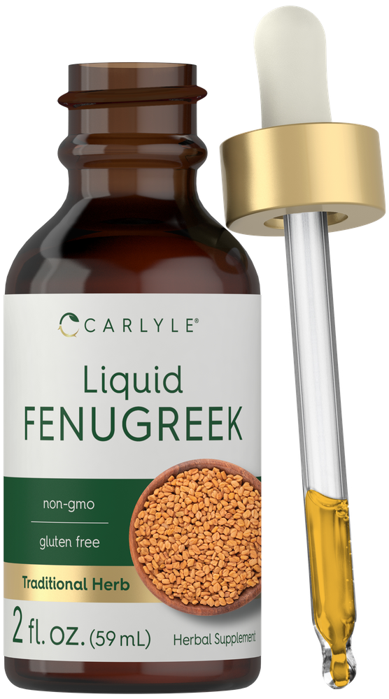 A 2 fl. oz. (59 mL) brown bottle of liquid Fenugreek with a dropper dispensing yellow liquid.