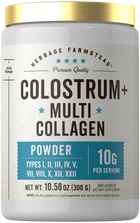 A hand holding a container of Colostrum & Multi Collagen Powder, weighing 10.58 oz (300 g), against a neutral background.