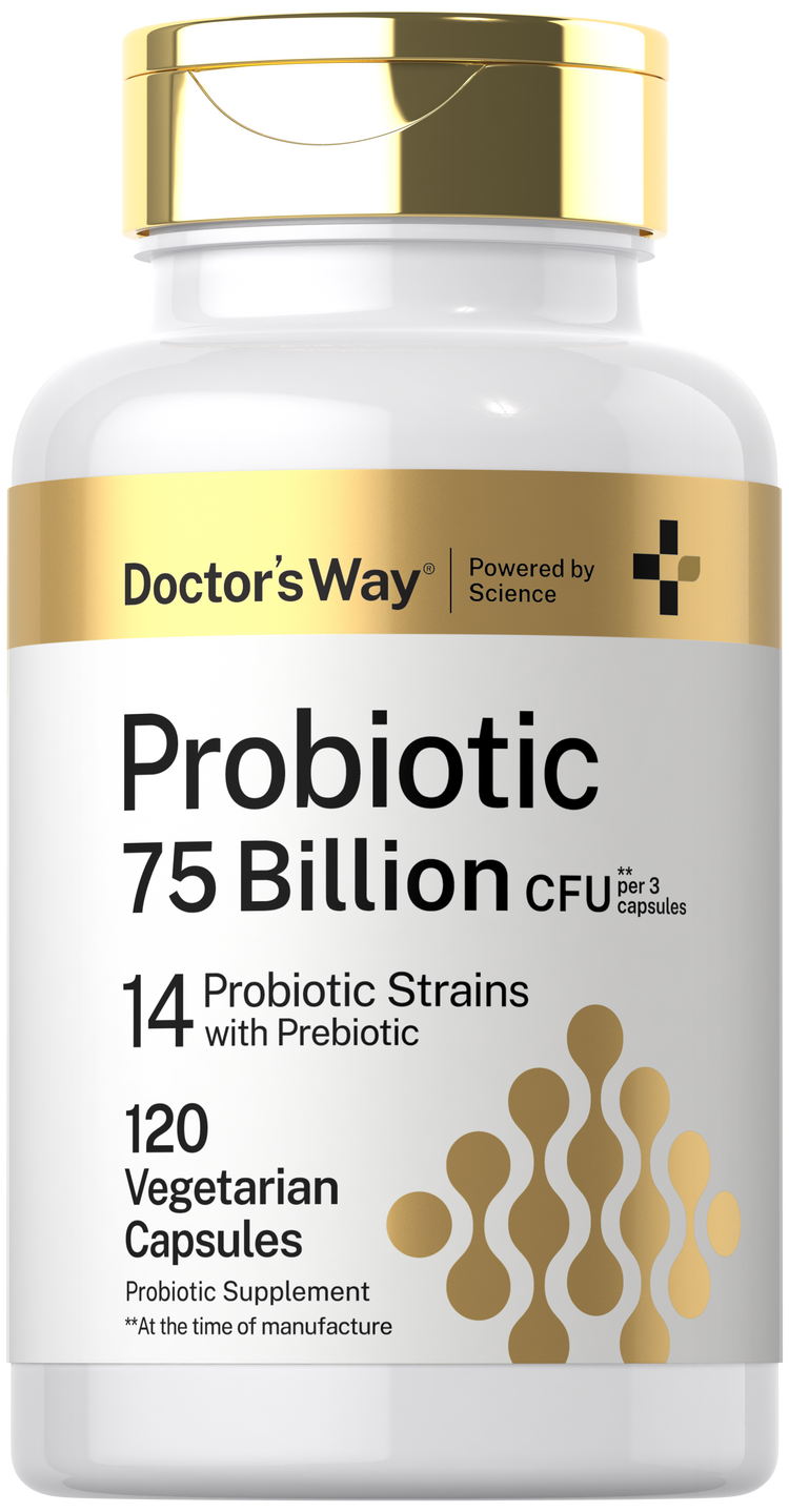 Doctor's Way Probiotic offers 75 Billion CFU per 3 capsules, featuring 14 probiotic strains with prebiotic in 120 vegetarian capsules.