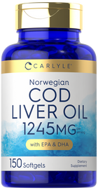 Carlyle Norwegian Cod Liver Oil softgels offer 1245mg per serving, with 150 capsules in the package.