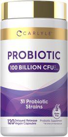 Carlyle Probiotic with 100 Billion CFU, featuring 31 strains and 120 delayed-release vegan capsules. Gluten free.