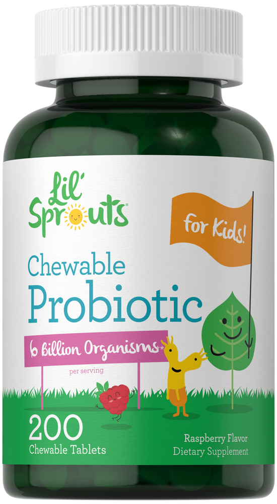 Hand holding a container with 200 chewable tablets, providing 6 billion organisms per serving.