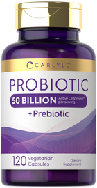 Probiotic 50 Billion plus Prebiotic with 120 vegetarian capsules shown on a hand scale.