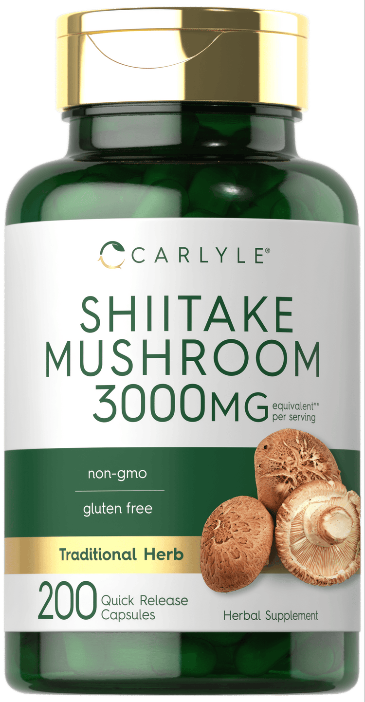 A hand holds a bottle of Shiitake Mushroom 3000 mg, containing 200 quick release capsules.