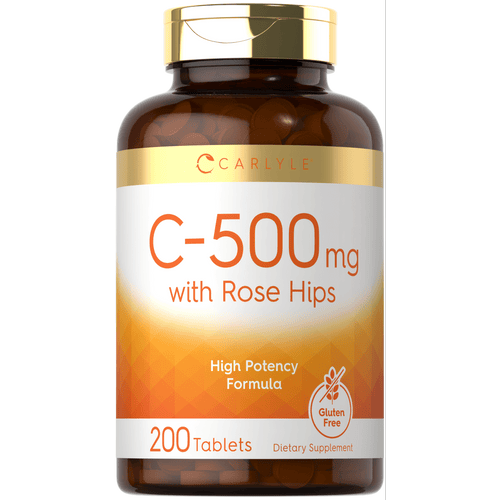 View 1 Bottle of C-500 with Rose Hips containing 200 tablets on a hand scale, indicating the bulk scale of the product.