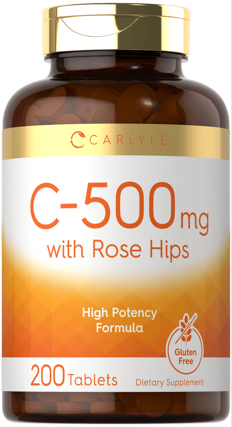 Bottle of C-500 with Rose Hips containing 200 tablets on a hand scale, indicating the bulk scale of the product.
