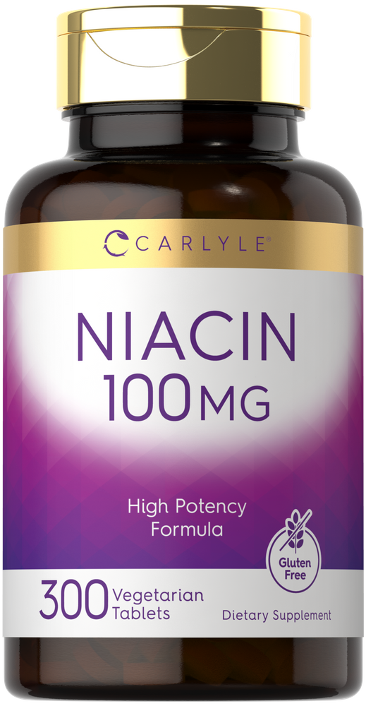 Carlyle Niacin 100 mg bottle containing 300 vegetarian tablets, displayed on a hand scale, is shown in the image.