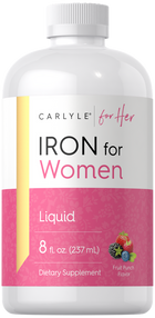 Carlyle Liquid Iron for Women dietary supplement in an 8 fl. oz. bottle, Fruit Punch Flavor, 237 mL.
