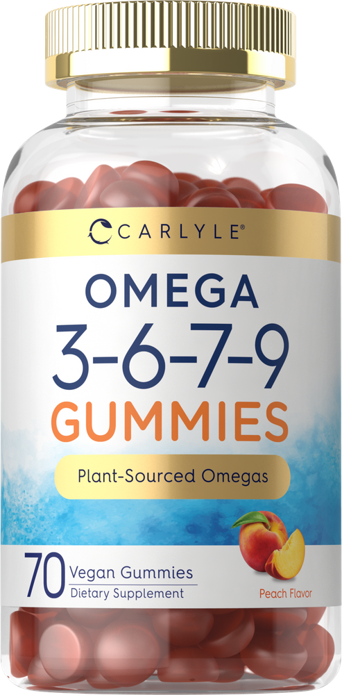 70 peach-flavored, plant-based, vegan Omega 3-6-7-9 gummies displayed on a hand scale.