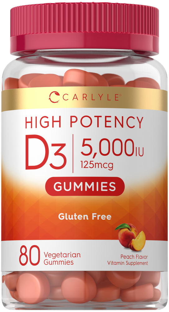 Container labeled CL Vitamin D3 5,000IU containing 80 vegetarian gummies displayed on hand scale.