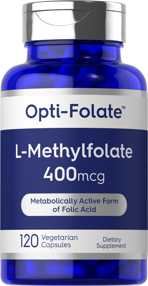 Hand holding Opti-Folate L-Methylfolate 400mcg Vegetarian Capsules.