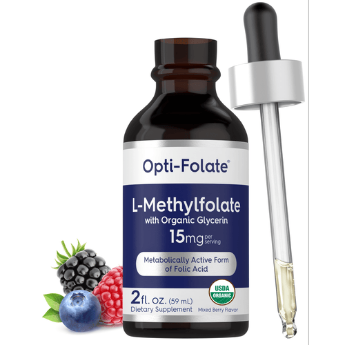 View 1 Opti-Folate L-Methylfolate 15mg, 2 fl. oz. (59 mL) dropper, Mixed Berry Flavor, USDA Organic.