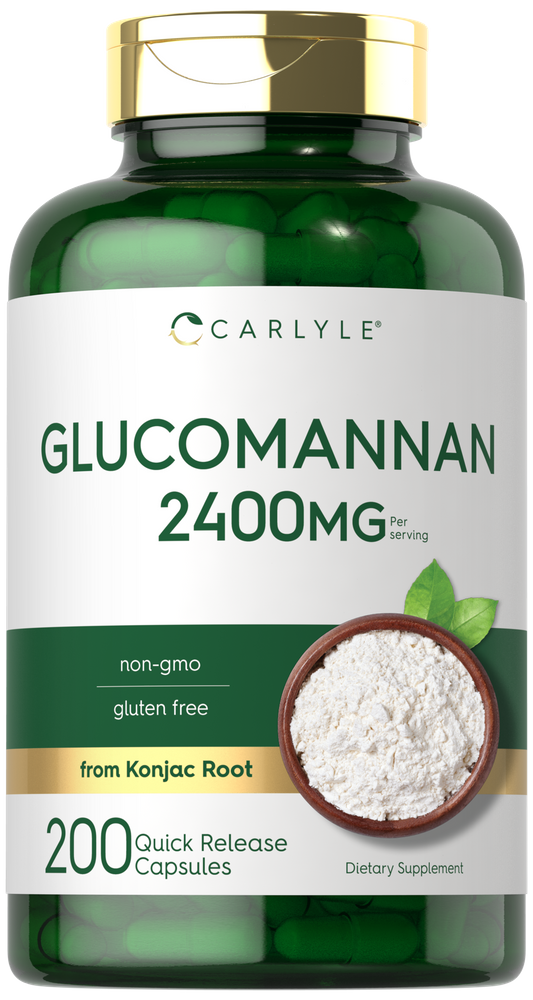 Hand holding bottle of glucomannan quick release capsules, 2400 mg per serving, 200 capsules total.