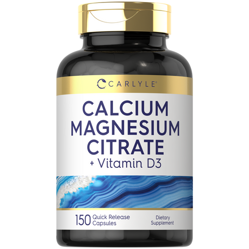 View 1 Carlyle Calcium Magnesium Citrate plus Vitamin D3 with 150 quick-release capsules shown in hand for scale.