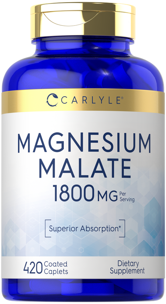 Carlyle Magnesium Malate provides 1800 mg per serving with 420 coated caplets, designed for bulk scale use.