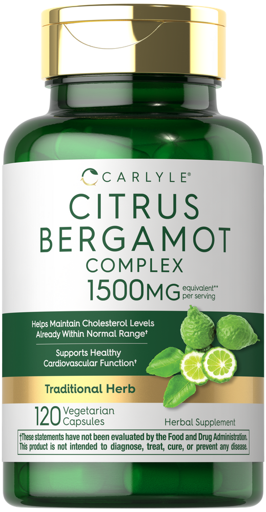 Carlyle Citrus Bergamot Complex 1500MG per serving in 120 vegetarian capsules, shown on hand scale.