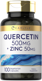 Carlyle Quercetin 500mg and Zinc 50mg Vegetarian Capsules, 100-count, displayed on a bulk scale.