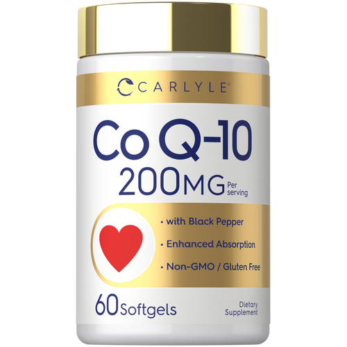 View 1 Carlyle Co Q-10 200MG with Black Pepper, 60 softgels. Non-GMO and gluten-free dietary supplement.