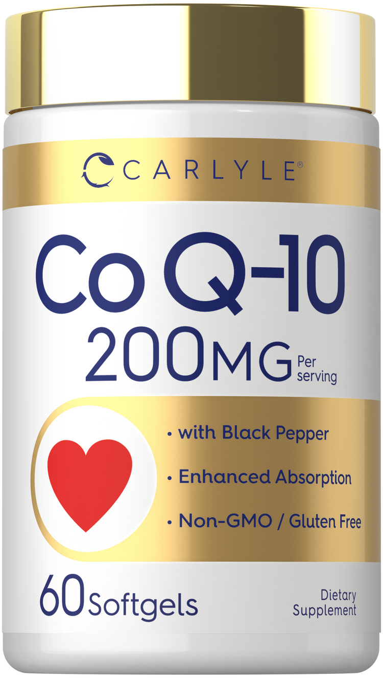 Carlyle Co Q-10 200MG with Black Pepper, 60 softgels. Non-GMO and gluten-free dietary supplement.