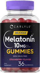 Dietary supplement with 36 strawberry-flavored gummies, offering 10 mg melatonin per 2 gummies, 100% drug-free.
