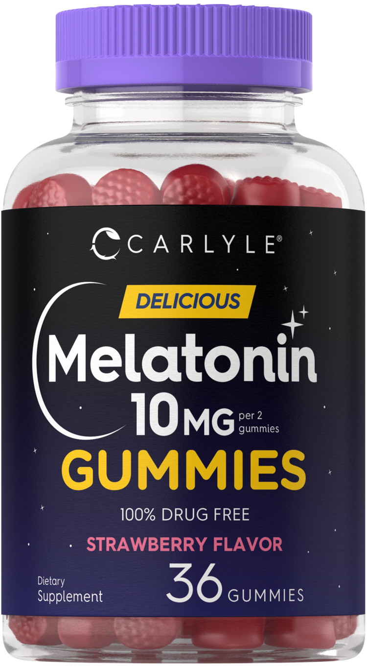 Dietary supplement with 36 strawberry-flavored gummies, offering 10 mg melatonin per 2 gummies, 100% drug-free.