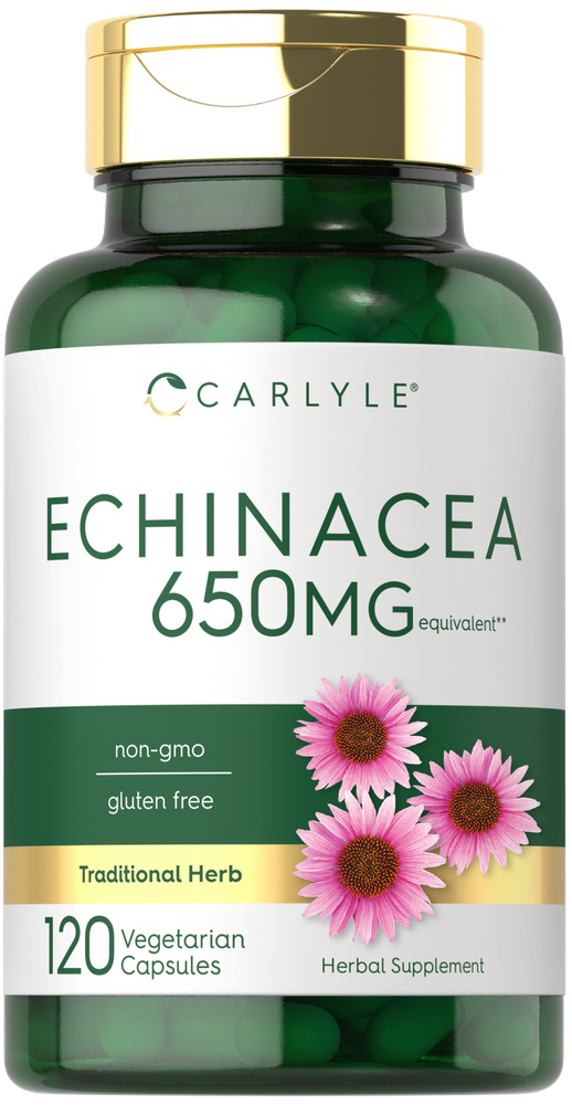 Echinacea 650 mg equivalent Vegetarian Capsules in a 120-count bottle shown on a hand scale.