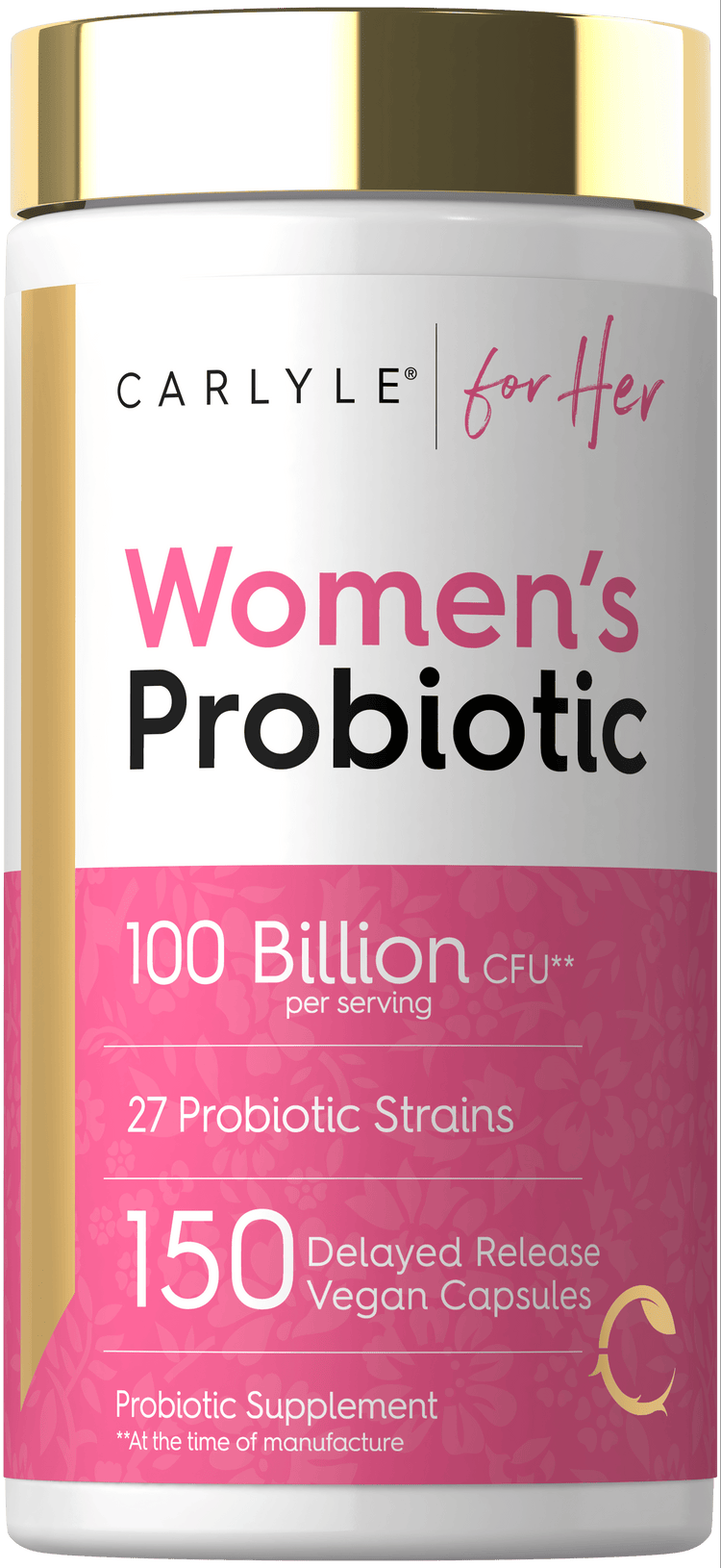 Women's Probiotic with 100 Billion CFU and 27 probiotic strains in 150 delayed-release vegan capsules.