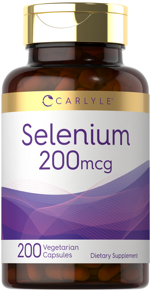 Carlyle Selenium 200mcg bottle with 200 vegetarian capsules showcased on a hand scale to indicate bulk amount.