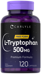 Purple capsules containing 500 mg of L-Tryptophan are displayed on a hand scale.
