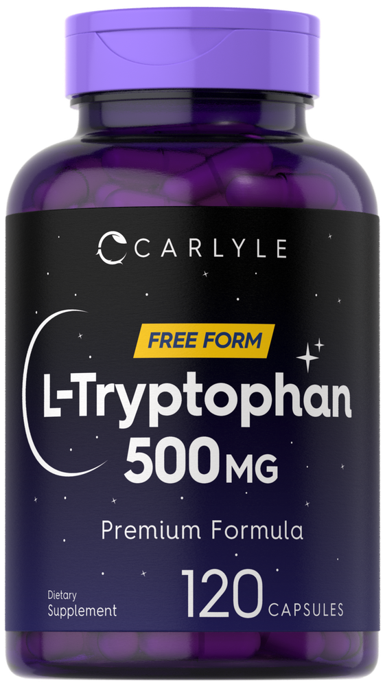 Purple capsules containing 500 mg of L-Tryptophan are displayed on a hand scale.