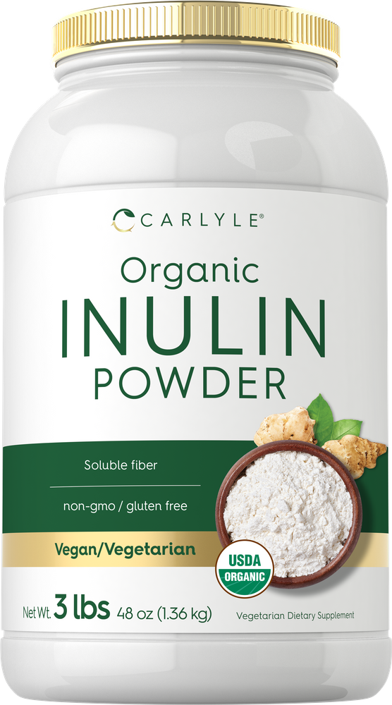 Three-pound (1.36 kg) container of organic inulin powder on a hand scale, showing ingredients for nutritional use.