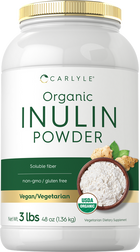 Three-pound (1.36 kg) container of organic inulin powder on a hand scale, showing ingredients for nutritional use.