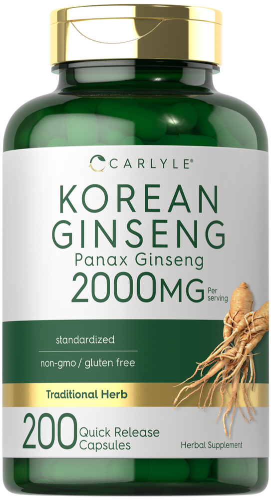 200 count bottle of Korean Ginseng 2000 MG Quick Release Capsules, shown on hand scale for size reference.