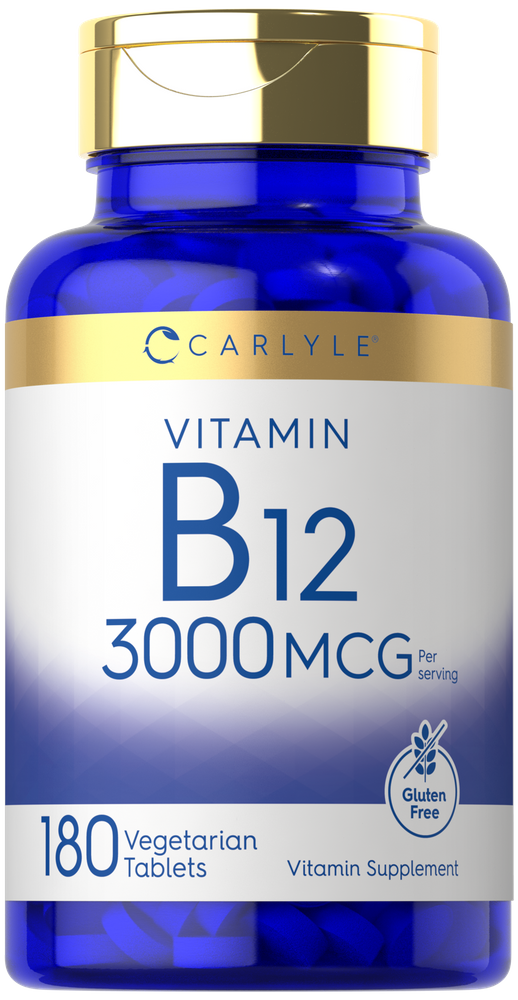 Carlyle Vitamin B12 3000MCG with 180 vegetarian tablets shown on a hand scale.