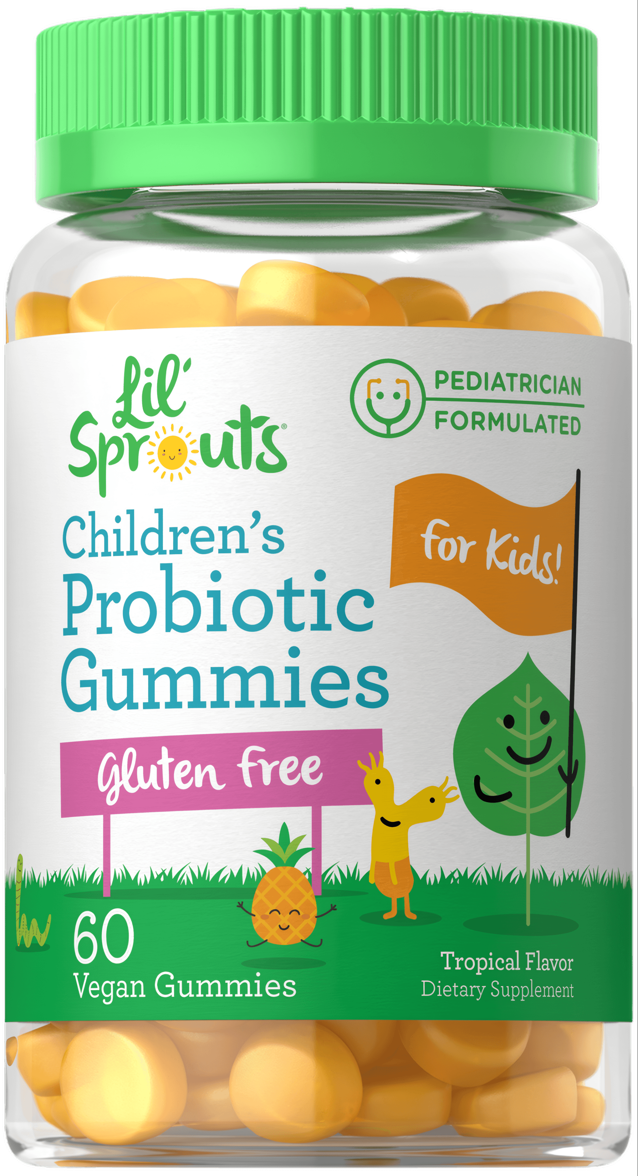 A hand holding 60 yellow vegan gummies for Lil' Sprouts Children's Probiotic, Tropical Flavor.