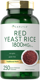 Red Yeast Rice 1800 mg, 250 Quick Release Capsules, held in hand, showcasing bottle size for supplement measuring and convenience.